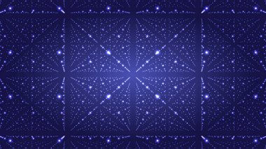 Gelecekçi sonsuzluk arkaplanı. Yıldız tozlu evren kavramı. Galaksi arkaplanı hareket eden parlayan noktalardan oluşur. Vektör illüstrasyonu.