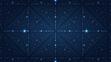 Gelecekçi sonsuzluk arkaplanı. Yıldız tozlu evren kavramı. Galaksi arkaplanı hareket eden parlayan noktalardan oluşur. Vektör illüstrasyonu.