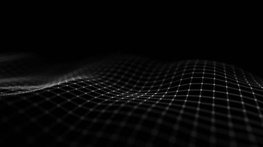 Fütürist hareketli dalga. Hareket eden parçacıkların dijital koyu arkaplanı. Büyük veri görselleştirmesi. 3d oluşturma