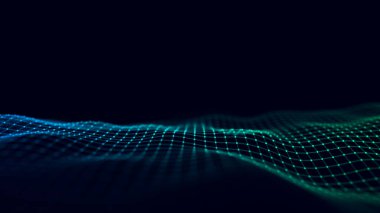Fütürist hareketli dalga. Parlayan parçacıklar ve çizgilerle dijital arkaplan. Büyük veri görselleştirmesi. 3d oluşturma