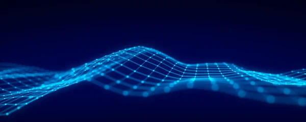 Futuristic moving wave. Digital background with moving glowing particles and lines. Big data visualization. 3d rendering