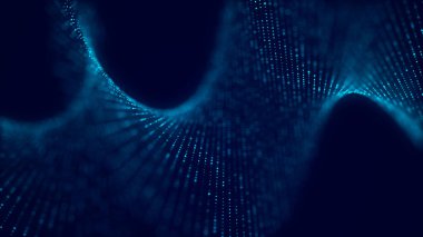 Hareketli noktalı soyut fütüristik dalga. Renkli parçacıkların akışı. Siber teknoloji çizimi. Büyük veri görselleştirmesi. 3d oluşturma