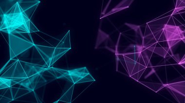 Ağ bağlantısı yapısı. Hareketli noktalar, çizgiler ve üçgenlerle soyut mavi arkaplan. Fütürist illüstrasyon. Dijital teknoloji tasarımı. 3d oluşturma