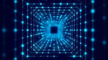 Cyber square tunnel consisting of moving glowing points. Futuristic infinite space background. Concept of data transfer in cyberspace. Hi-tech illustration. 3d rendering