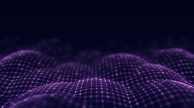 Hareketli noktalı soyut fütüristik dalga. Renkli parçacıkların ve çizgilerin akışı. Siber teknoloji çizimi. Büyük veri görselleştirmesi. 3d oluşturma