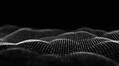 Hareketli noktalar ve çizgilerle soyut fütüristik dalga. Parçacık akışı. Siber teknoloji çizimi. 3d oluşturma