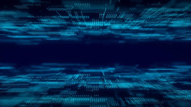 Parlayan parçacıkların olduğu dijital arkaplan. Fütürist yüksek teknoloji çizimi. Siber uzayda veri transferi kavramı. Büyük veri görselleştirmesi. 3d oluşturma.