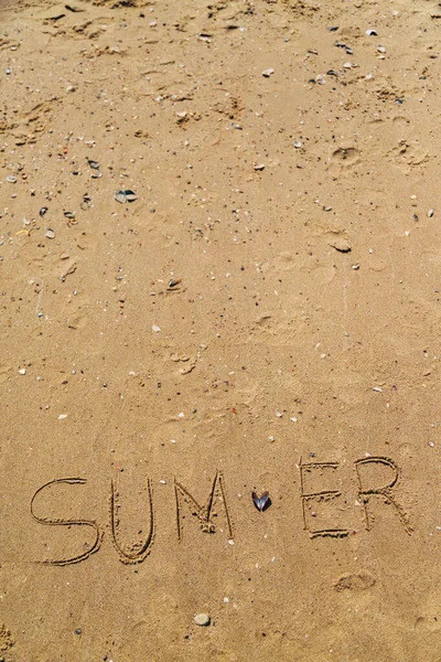 Word Summer Written on the Sand of a Beach with Copy Past Space. Text on the Sea Beach — Stock Photo, Image