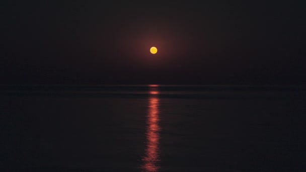 Hermoso Timelapse ruta de la luna en el agua. La Luna Roja Llena Brilla Brillantemente en el Cielo en una Noche Oscura Sobre el Mar Calma — Vídeos de Stock