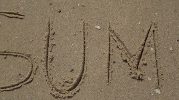 Texto Verão Escrito na areia de uma praia. O mar em um fundo de letras — Vídeo de Stock