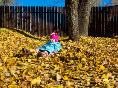 Mutlu küçük çocuk, kız güler ve sonbaharda yapraklarda oynar, temiz havada yürür.