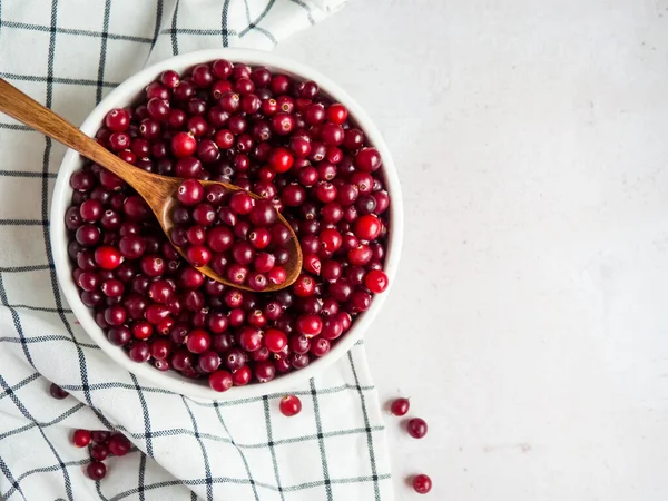 Ripe Fresh Cranberries White Bowl Wooden Spoon Concrete Table Top — Stock Photo, Image