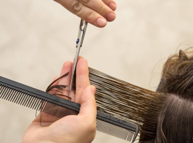 Kırık uçlardan kurtul. Güzellik salonunda bir müşterinin saçını makasla kesmek..
