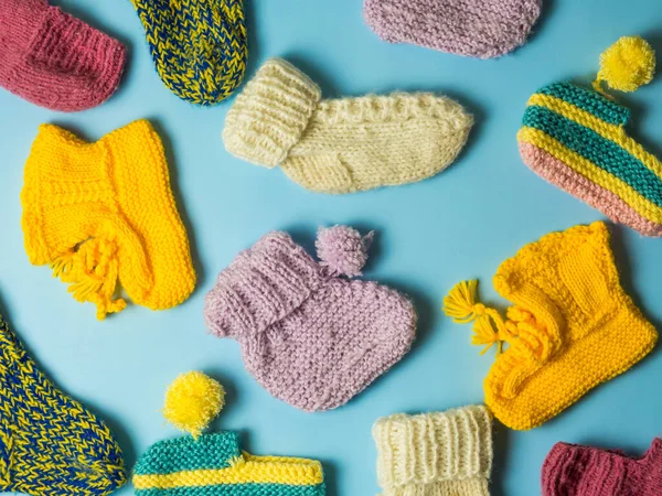 Baby Socks Blue Background Knitted Warm Baby Clothes Multicolored Socks — Foto Stock