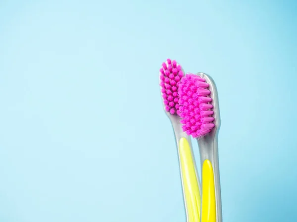 Female Male Toothbrushes Blue Background Space Text — Stock Photo, Image