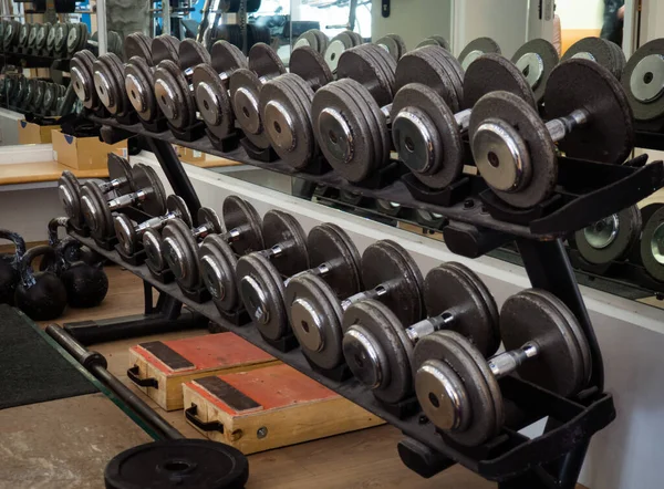Rows Dumbbells Gym Rack Heavy Dumbbells Fitness Club Workout Bodybuilding — Stock Photo, Image
