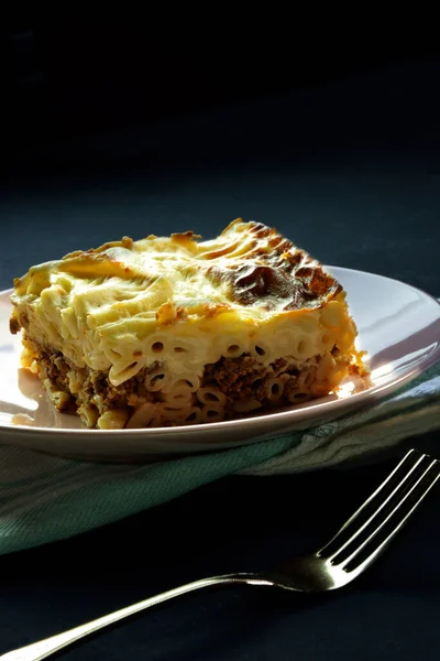 Piece Greek Lasagna Meat Sauce Bechamel Known Pastitsio Fork — Stock Photo, Image