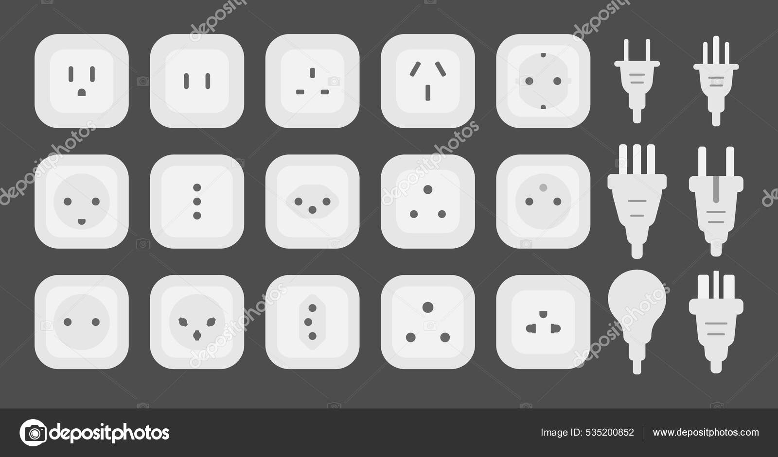Power Outlet Plug World Standards Shape Icons Set Vector Flat Stock