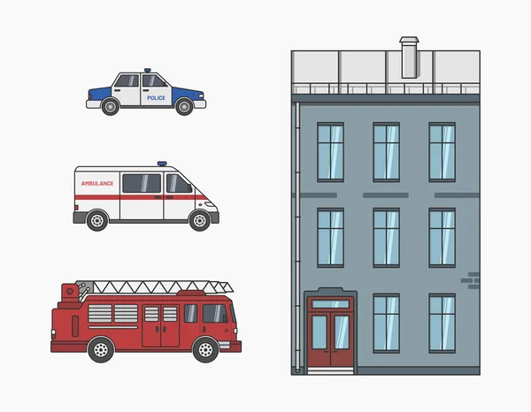 Emergency Services Fire Engine Ambulance Police Car Apartment House Flat — Vetor de Stock