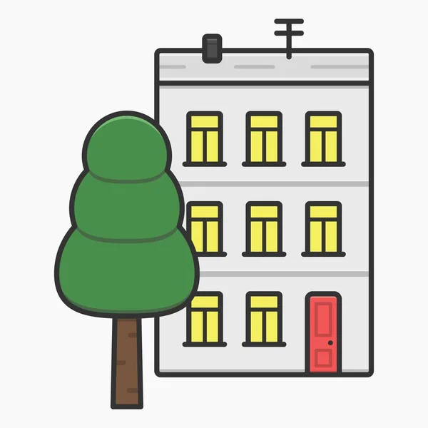 Edificio Apartamentos Con Árbol Vector Ilustración Plana — Vector de stock
