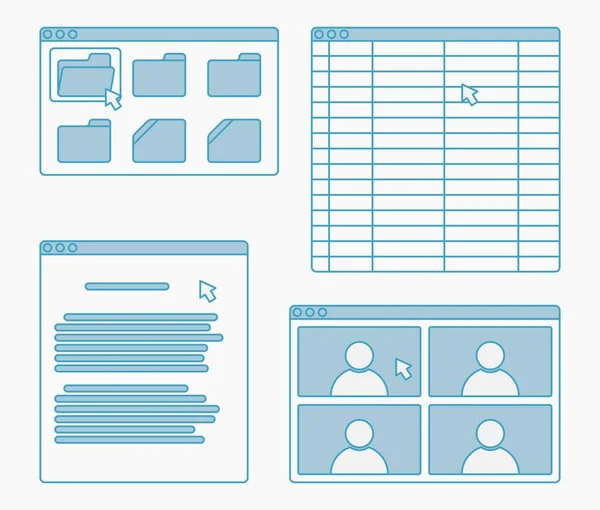 Bureau App Fenêtre Définir Feuille Rapport Vidéo Conférence Dossier Vectoriel — Image vectorielle