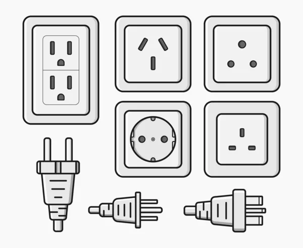 Power Outlet Plug Electric Socket Set Vector Flat Illustration — Vetor de Stock