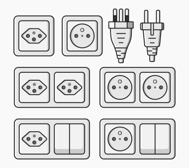 elektrik prizi priz tip n, j ve e vektör düz illüstrasyon ayarlayın