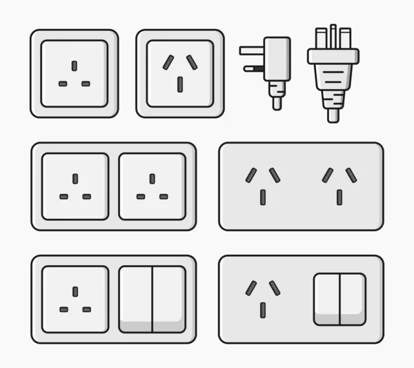 Power Outlet Plug Electric Socket Type Set Vector Flat Illustration — Vetor de Stock