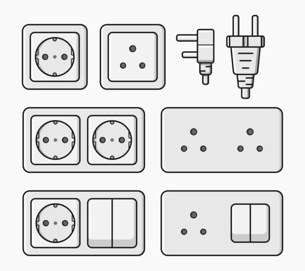 Power Outlet Plug Electric Socket Type Set Vector Flat Illustration — Vetor de Stock