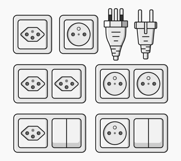 Power Outlet Plug Electric Socket Type Set Vector Flat Illustration — Vetor de Stock