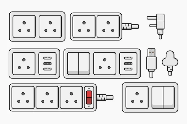 Power Outlet Plug Electric Socket Type Switcher Set Vector Flat — Vettoriale Stock