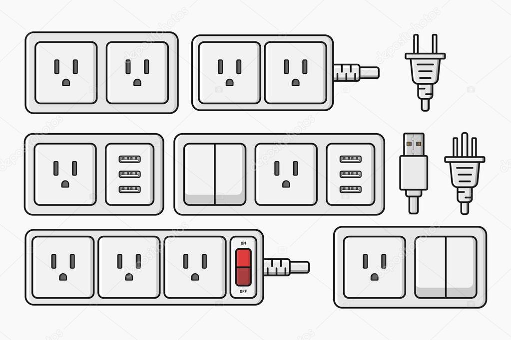 Power outlet plug electric socket type b switcher set vector flat illustration