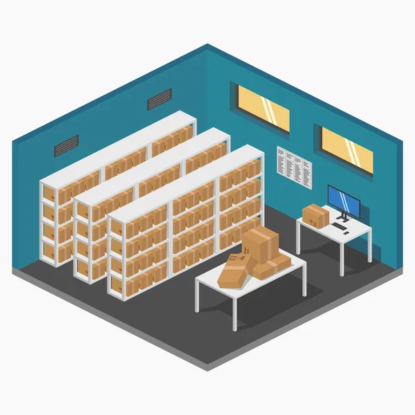 Isometric Storage Room Warehouse Parcels Shelves Vector Flat Illustration — Vetor de Stock