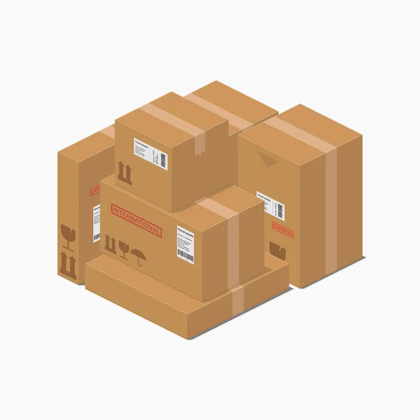 Caja Cartón Isométrico Paquetes Paquete Conjunto Detallado Vector Plano Ilustración — Archivo Imágenes Vectoriales