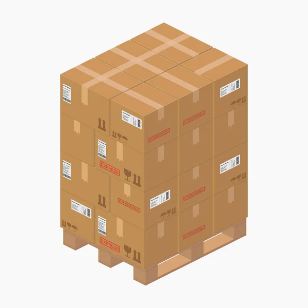 Isometrische Kartonnen Doos Pakketten Gedetailleerd Houten Pallet Vector Platte Illustratie — Stockvector