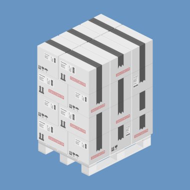 izometrik karton kutu paketleri ahşap palet vektör düz illüstrasyon üzerinde ayrıntılı paketler