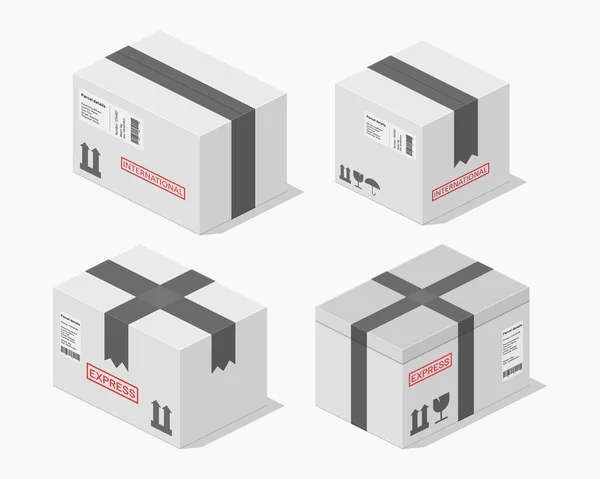 Boîte Isométrique Carton Paquets Colis Détail Ensemble Vecteur Plat Illustration — Image vectorielle