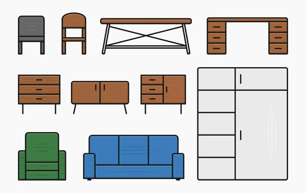 Furniture Wooden Table Color Icon Set Vector Flat Illustration — Stock Vector