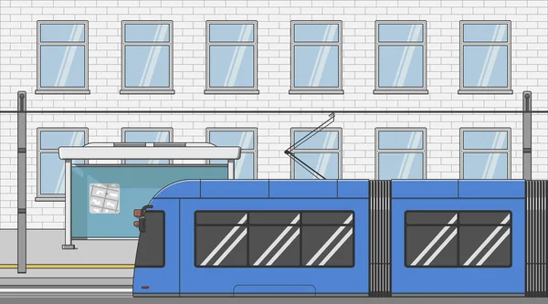 Blaue Straßenbahn Weg Der Bushaltestelle Der Nähe Gebäude Seitenansicht Vektor — Stockvektor