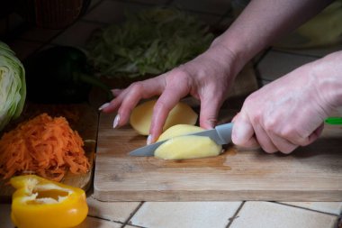 Bir kadın mutfakta taze sebzelerin arka planında patates kesiyor. Aşama aşama çorba yapmak için gerekli malzemeler. Yüksek kalite fotoğraf