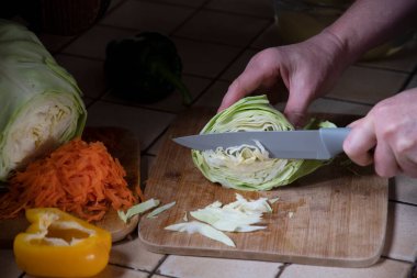 Mutfakta bir kadın taze sebzelerin arka planına karşı lahana kesiyor. Aşama aşama çorba yapmak için gerekli malzemeler. Yüksek kalite fotoğraf