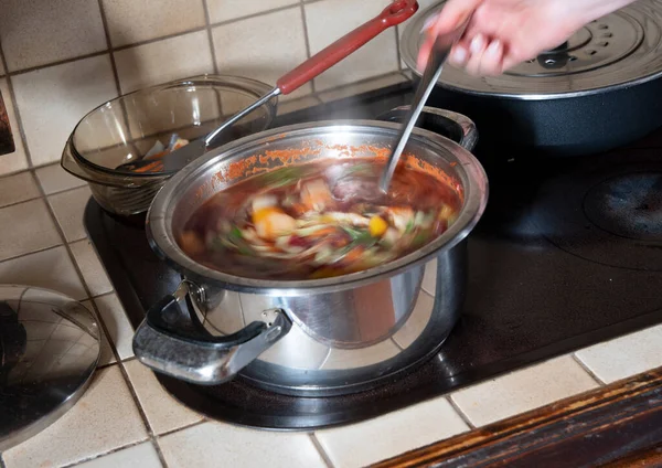 woman kneading soup in the kitchen against the background of fresh vegetables, ingredients for step by step cooking soup. High quality photo