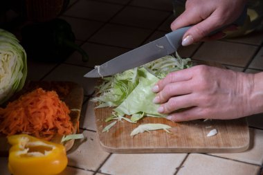 Mutfakta bir kadın taze sebzelerin arka planına karşı lahana kesiyor. Aşama aşama çorba yapmak için gerekli malzemeler. Yüksek kalite fotoğraf
