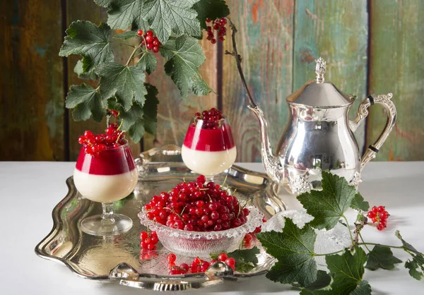 sweet dessert panna cotta with red currant berries, food photo still life on the background of a green branch with berries and a silver service. High quality photo