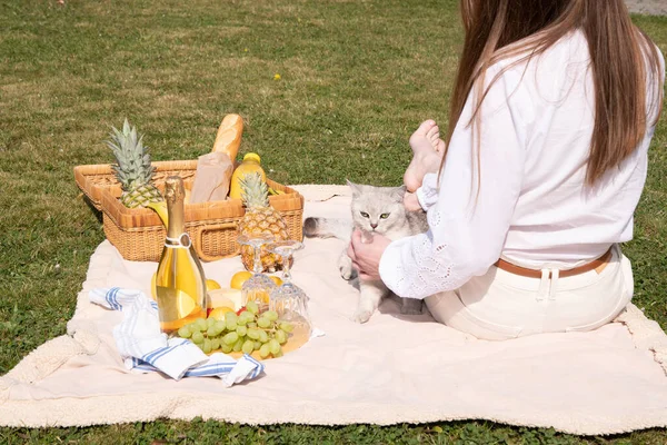 a young woman in a white shirt is resting on a picnic with her pet kitten, rest from worries and household chores, parks and recreation areas,. High quality photo
