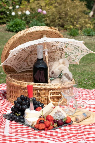 summer picnic on a green lawn with red wine, cheese and fresh berries, grapes, cherries, strawberries, summer vacation. High quality photo