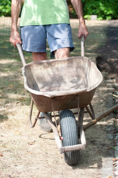 gardener man in dirty work clothes, rolls a rusty cart with a bucket, spring work in the garden. High quality photo