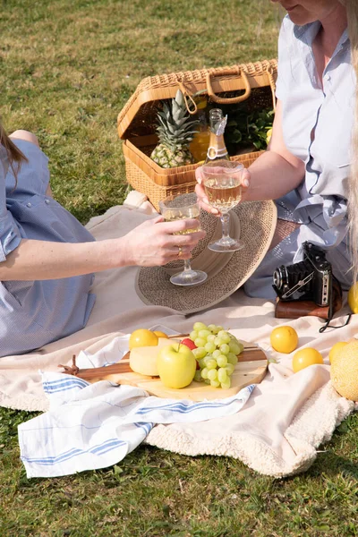 a two young women in a summer long dresses is resting on a picnic, a Blanket with cheese plate and fruits, rest from worries and household chores, parks and recreation areas,.High quality photo