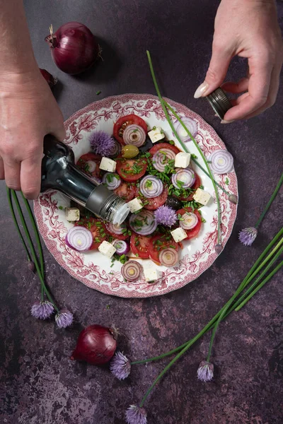 Cherry Tomato Salad Purple Onion Rings Dressed Balsamic Dressing Olive — Stock Photo, Image
