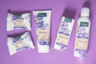set of Kneipp cosmetics for douche with Lavender As,Belgium, June 30,2022. High quality photo